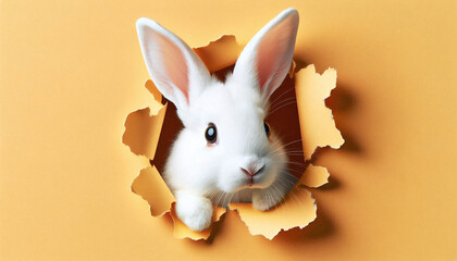 Cute White Rabbit Peeking Through Torn Paper Background