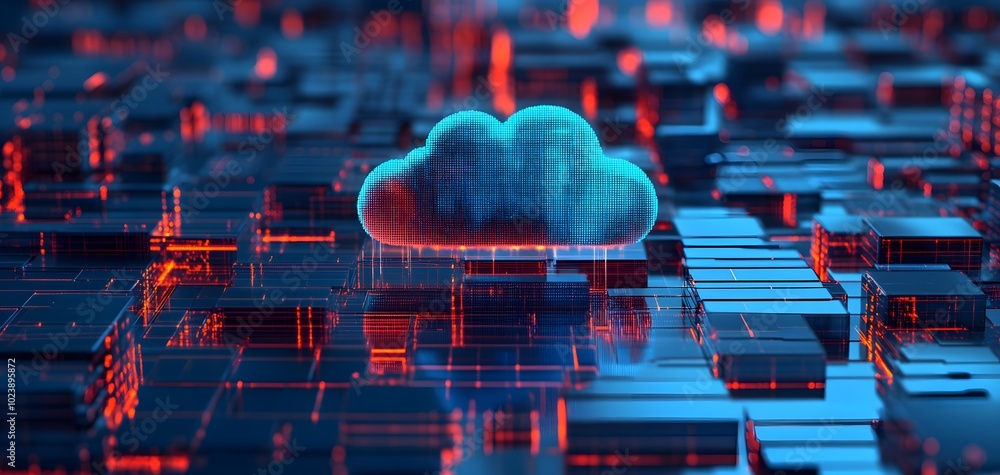 Poster digital cloud technology concept on a vibrant data matrix background, illustrating connectivity and 