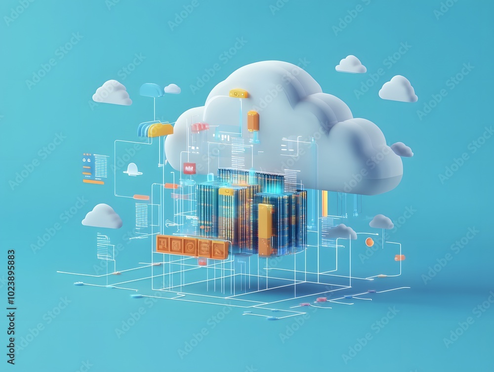 Poster dynamic cloud computing image showcasing data storage and processing, with vibrant graphics and digi