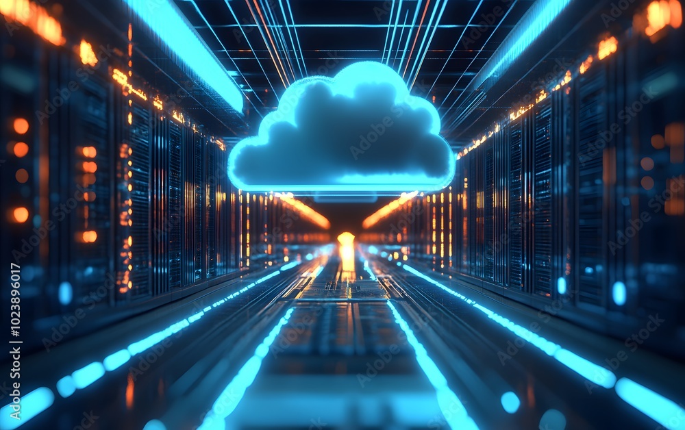 Poster futuristic data center with illuminated servers and a glowing cloud icon, representing cloud computi