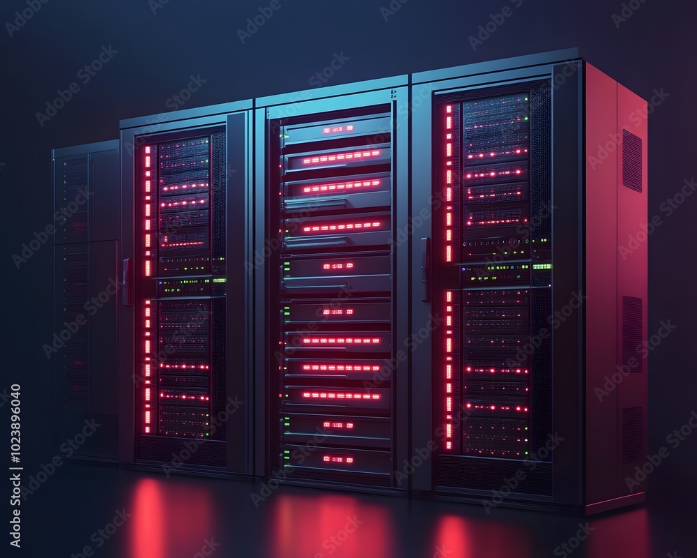 Poster futuristic data center with illuminated servers showcasing technology and innovation in a dark envir
