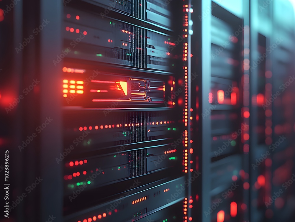 Poster close-up of server racks displaying glowing lights, illustrating advanced technology in a modern dat