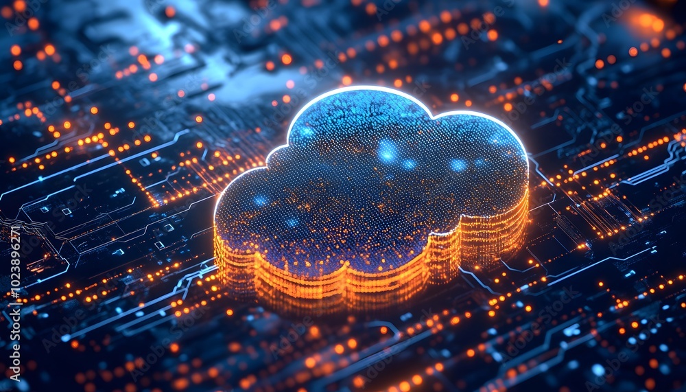 Poster a futuristic cloud symbol surrounded by vibrant circuitry, representing advanced technology and data