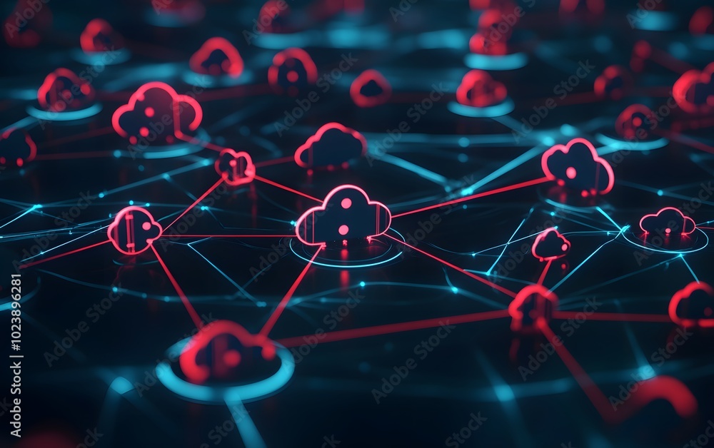 Poster a futuristic network of interconnected clouds representing cloud computing technology and data trans