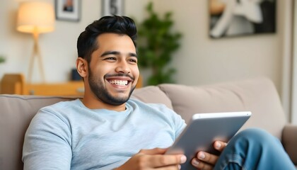 Smiling Man Relaxing on Sofa, Enjoying Tablet Browsing in a Cozy Home Setting

