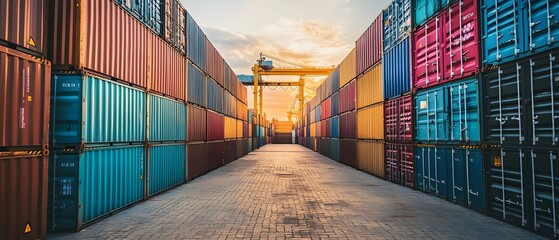 Fototapeta premium Colorful shipping containers arranged in a row at a port during sunset, creating a vibrant industrial atmosphere.
