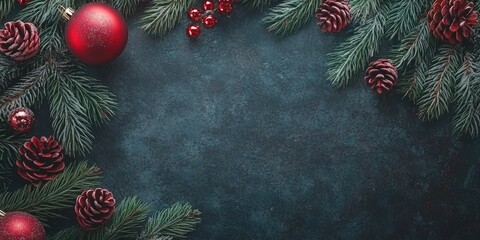 Festive new year holiday background with pine cones and red ornaments for seasonal design