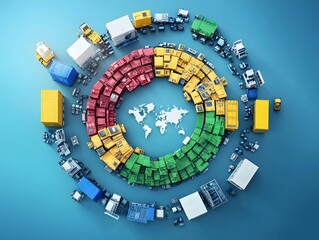 Colorful cargo containers arranged in a circular pattern with trucks, representing global shipping and logistics.