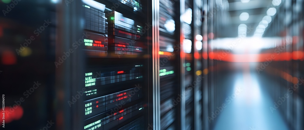 Poster a detailed view of a server room showcasing high-tech data storage equipment and vibrant led indicat