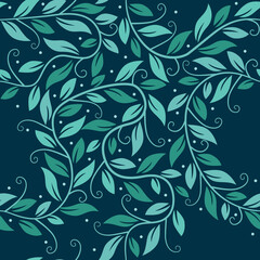 Pattern of green and blue leafs on a blue background, printable texture