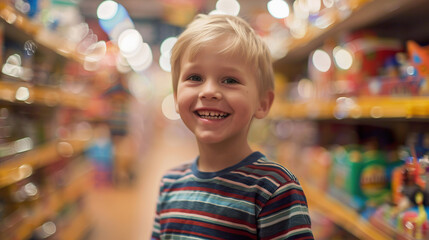 joyful boy with big smile explores colorful toy store aisles