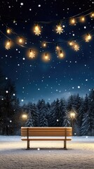 Obraz premium The park glows warmly with street lights as soft snowflakes fall, creating a tranquil atmosphere. Benches are blanketed in snow, inviting quiet reflection