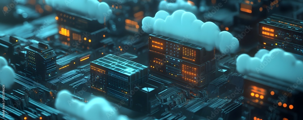 Poster an abstract representation of a digital cityscape with glowing circuits and clouds, symbolizing tech