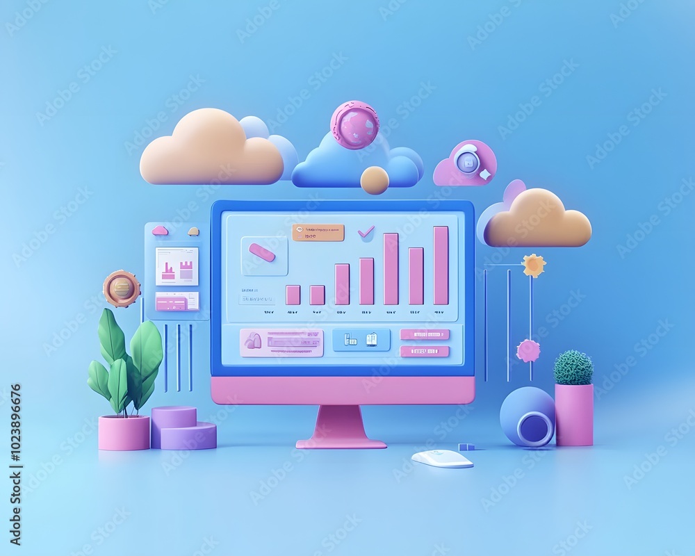 Fototapete A colorful digital illustration of a computer displaying data charts and graphs, surrounded by clouds and plants in a modern style.