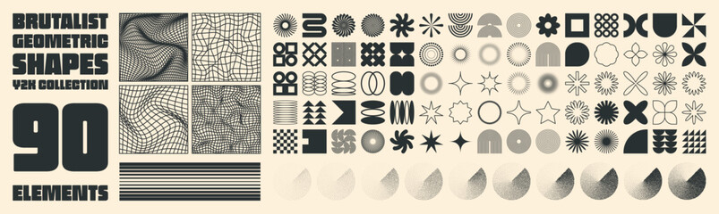 Brutalist geometric shapes, modern symbols. Groovy checkered pattern, distorted tiled grid. Simple elements, forms. Retro design, trendy contemporary minimalist style, y2k. Vector illustration