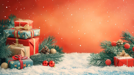 Christmas gifts and pine branches with ornaments on snow, against a red backdrop, concept of festive season and gift-giving