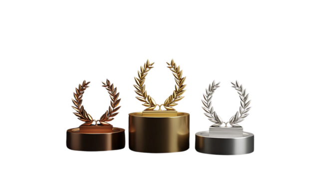 Winner award podium prize silver gold bronze trophy win champion pedestal first stage sport. Podium background winner 3d award ceremony medal platform laurel best place second third PNG transparent - Powered by Adobe