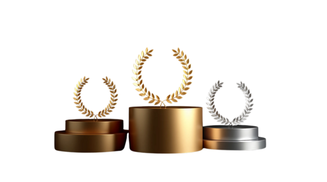 Winner award podium prize silver gold bronze trophy win champion pedestal first stage sport. Podium background winner 3d award ceremony medal platform laurel best place second third PNG transparent