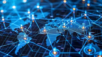 Business professionals worldwide collaborating through digital channels, focusing on customer service, data exchange, and global outsourcing