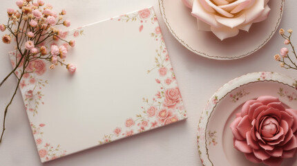 A graphic resource or asset for use as an invitation to a wedding, a banquet, a grand opening or other special event. A floral motif with flowers, plates and room for copy.