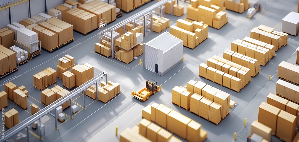 Aufkleber aerial view of a warehouse filled with stacked boxes and a forklift, showcasing efficient storage an