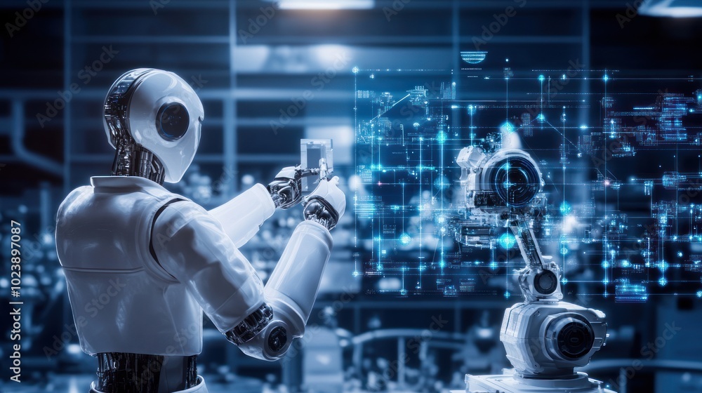 Poster two robots in a factory setting, one holding a tablet and the other with a robotic arm. a blue digit
