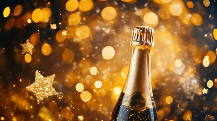 Champagne bottle with golden confetti stars and festive decorations, perfect for celebration