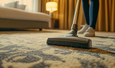 A person is vacuuming a carpet in a hotel room