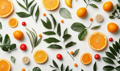 A white background with a pattern of leaves and fruit