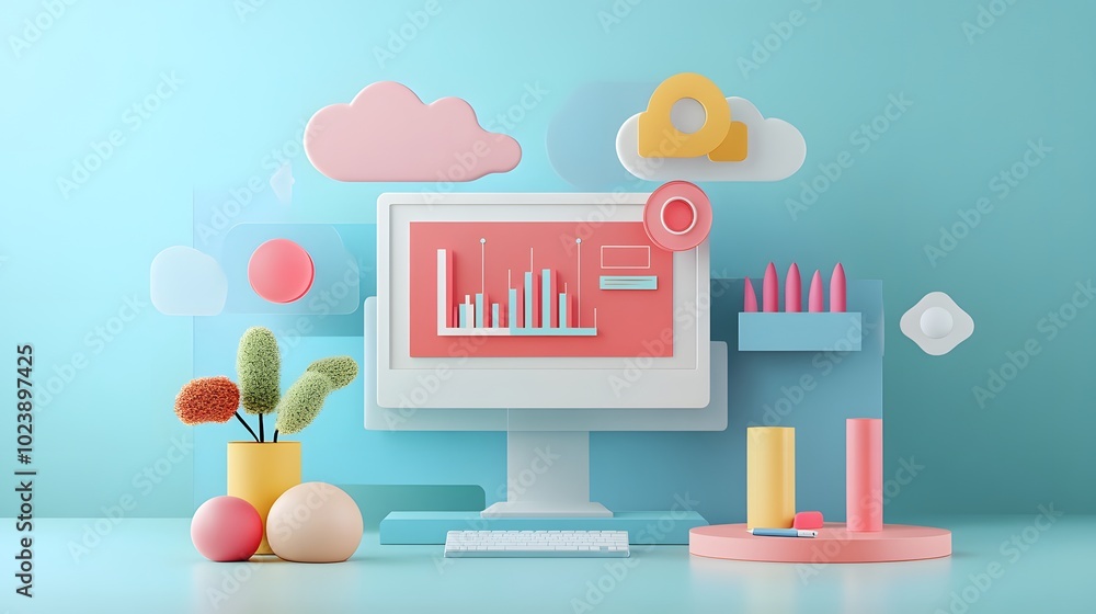 Poster colorful computer monitor displaying a growth chart, surrounded by modern design elements and playfu