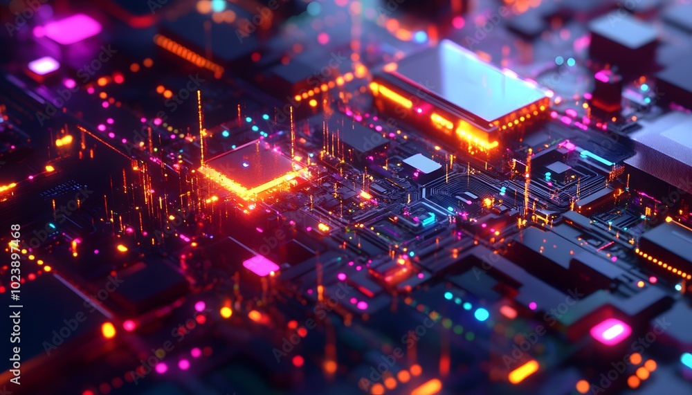 Poster vibrant close-up of a futuristic circuit board, showcasing intricate details and glowing components 