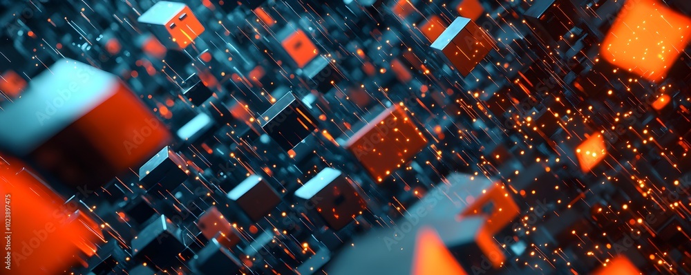 Poster abstract image of floating cubes in vibrant colors, creating a dynamic and immersive digital environ