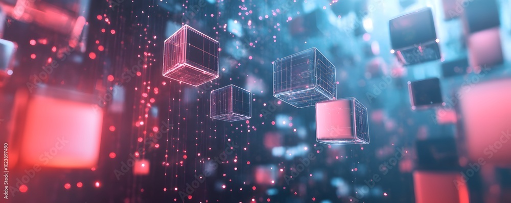Poster abstract digital cubes float in a vibrant space, creating a stylish backdrop for technology and inno