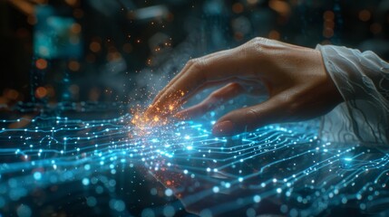 Businesswoman's hand engaging a digital neural network, showcasing Big Data and AI in a high-tech cyberspace environment