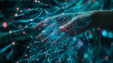 Businesswoman's hand engaging a digital neural network, showcasing Big Data and AI in a high-tech cyberspace environment