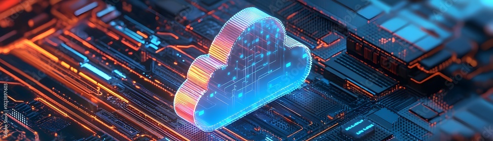 Poster futuristic cloud technology illustration on a circuit board, symbolizing digital storage and connect
