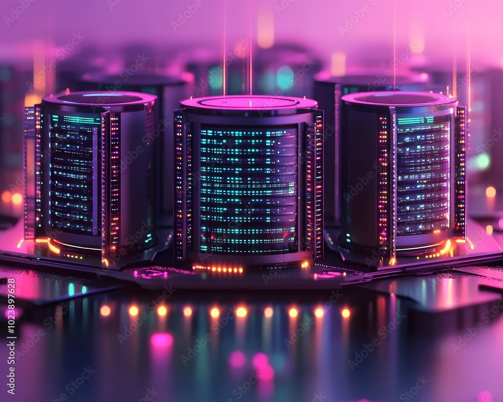 Poster futuristic data center with illuminated servers showcasing advanced technology and vibrant colors, r
