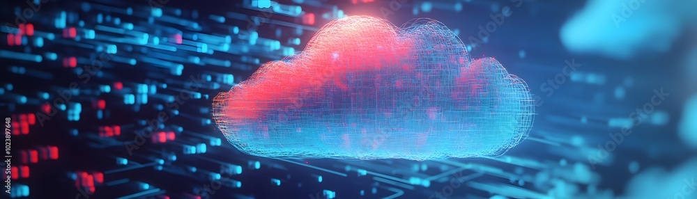 Poster a digital cloud surrounded by vibrant data streams, representing cloud computing and data transfer i