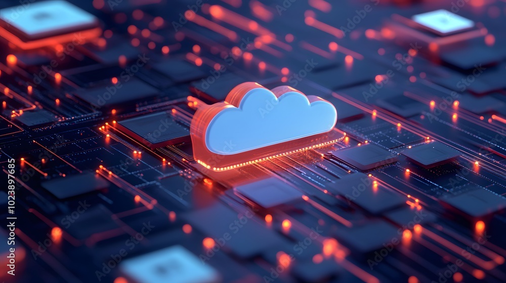 Poster futuristic cloud technology on a digital circuit board representing cloud computing and data storage