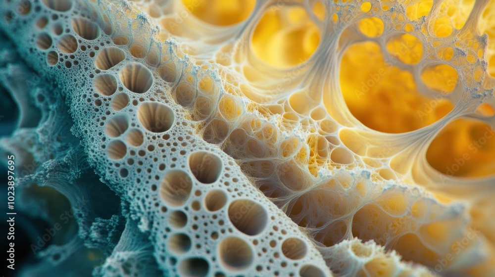 Poster abstract background with blue and yellow textures in a close-up shot, showing a complex network of i