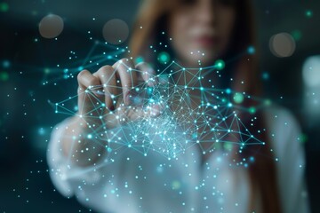 Businesswoman's hand engaging a digital neural network, showcasing Big Data and AI in a high-tech cyberspace environment