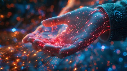 Businesswoman's hand engaging a digital neural network, showcasing Big Data and AI in a high-tech cyberspace environment