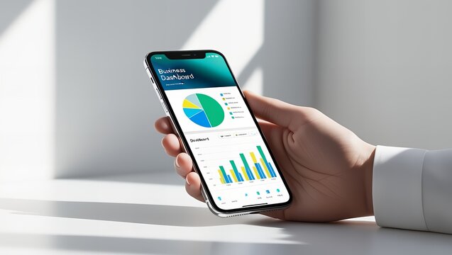 Close-up of a hand holding a smartphone with a business dashboard displaying colorful charts and graphs.
