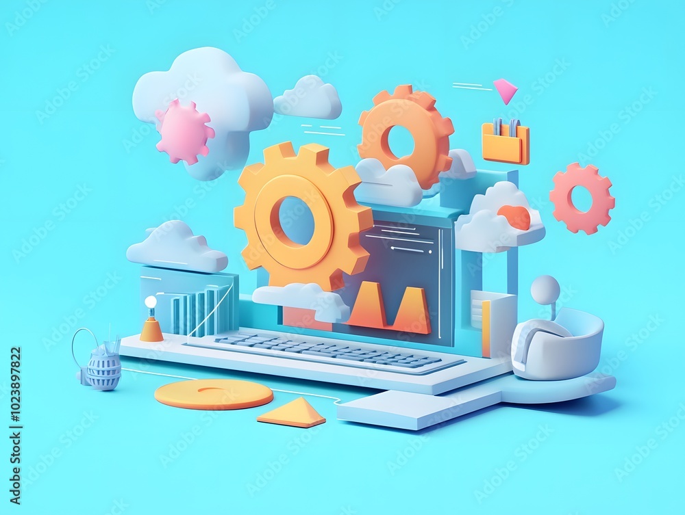 Poster a colorful illustration depicting a computer with gears and clouds, symbolizing technology and creat
