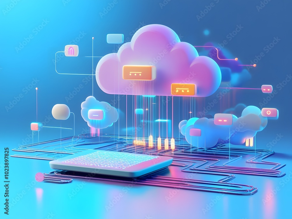 Poster a vibrant illustration of cloud computing, showcasing a laptop connected to colorful cloud icons and