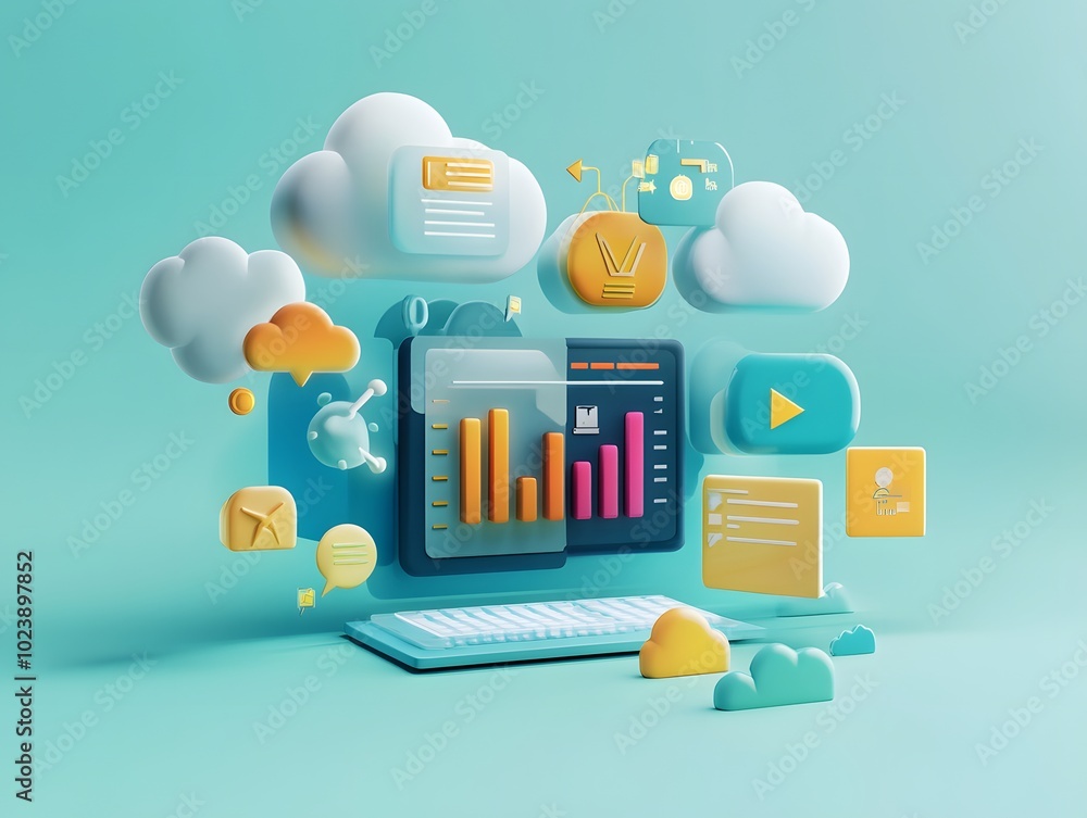 Poster colorful digital interface showcasing data analytics and cloud technology with abstract elements and