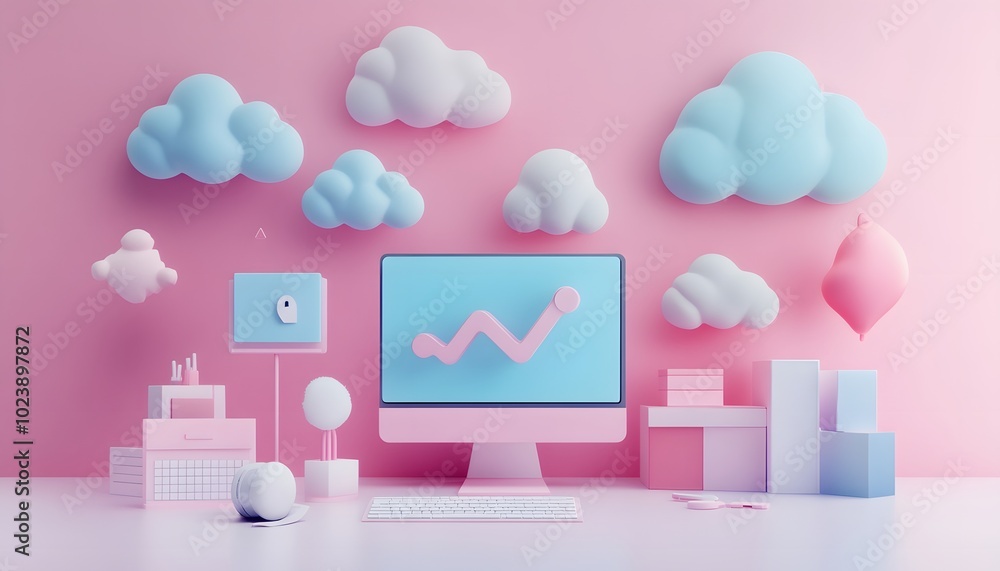 Poster a whimsical workspace with a pink theme, featuring a computer monitor displaying growth charts, surr