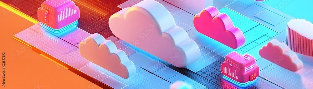 Poster illustration of colorful cloud shapes representing digital storage and network technology in a vibra