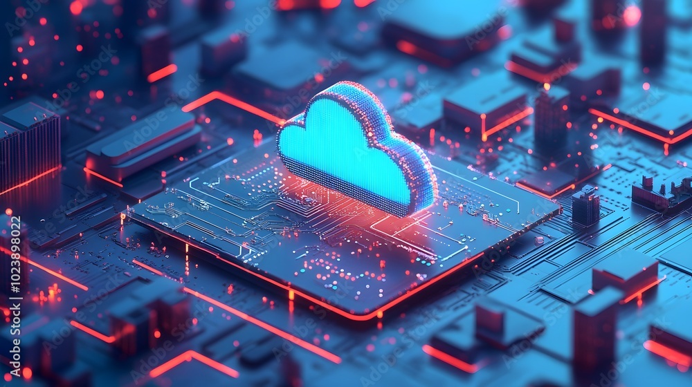 Poster futuristic digital cloud computing concept on a vibrant circuit board, showcasing technology and inn
