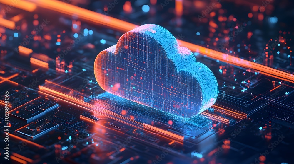 Poster a digital cloud symbol glowing in vibrant colors, representing cloud computing and data storage on a